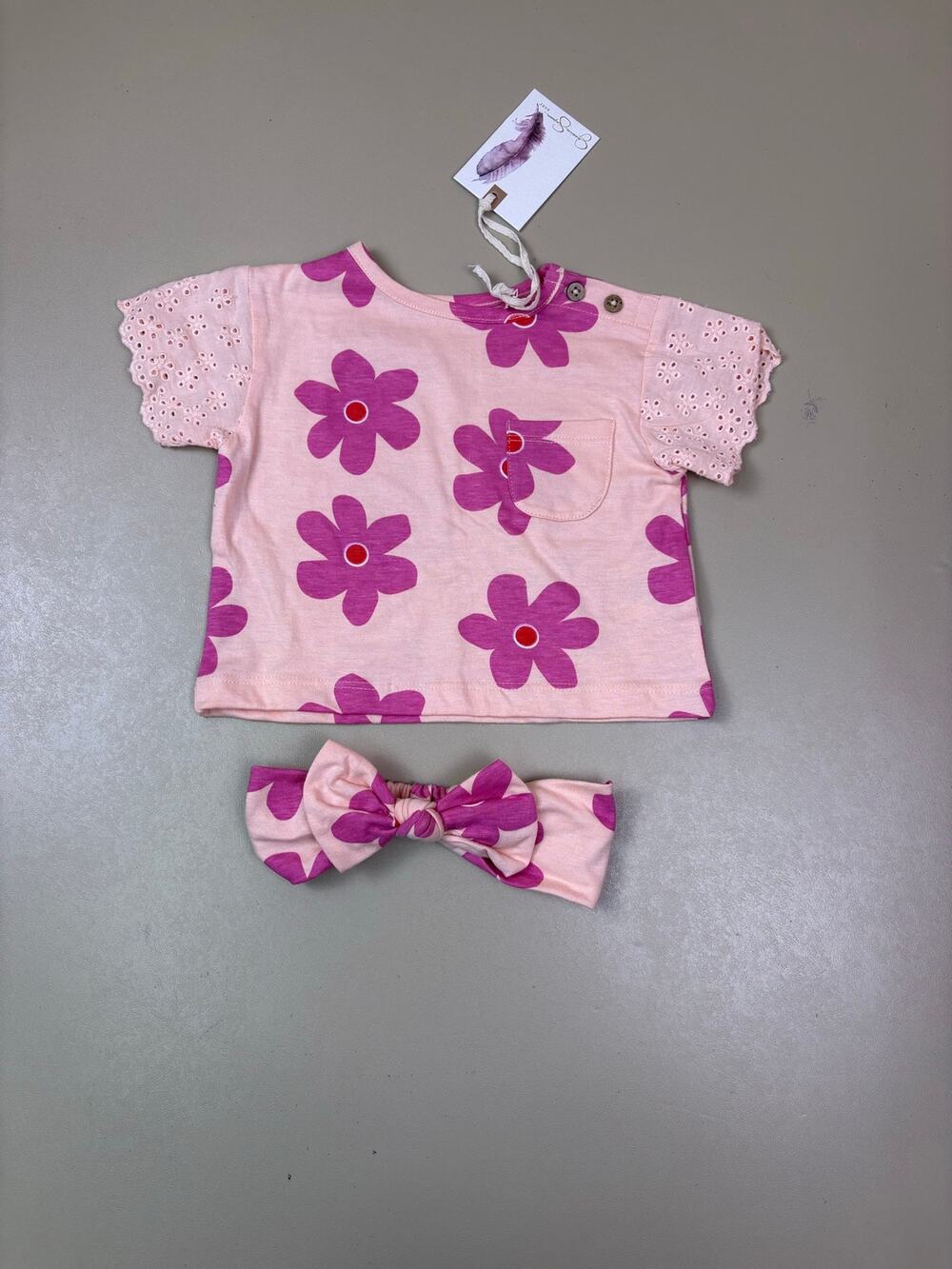 Jessica Simpson Baby Girls 3-6M Pink Floral Top Headband Set Eyelet NWT